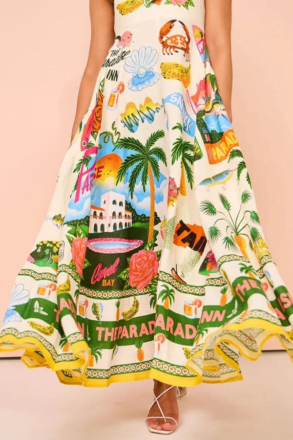 Holiday Paradise Maxikleid aus Leinenmischung mit einzigartigem Druck und gesmokten Gesäßtaschen