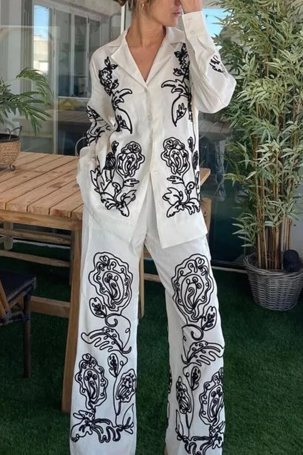 Bella Set aus langärmligem, lockerem Hemd aus Leinenmischung mit besticktem Blumendruck und Hosen mit elastischer Taille und Taschen