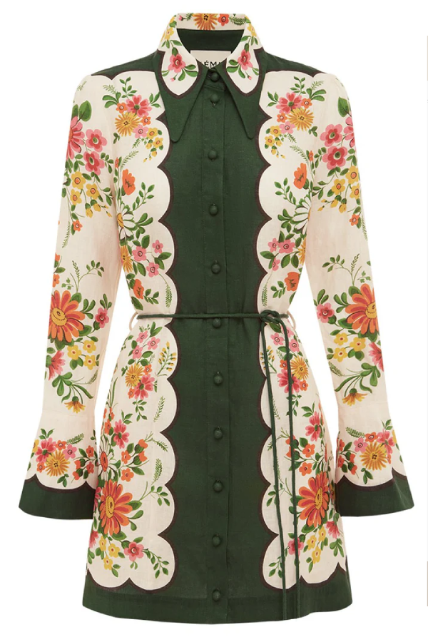 Einreihiges, langärmliges Minikleid mit Bindegürtel und Blumenmuster