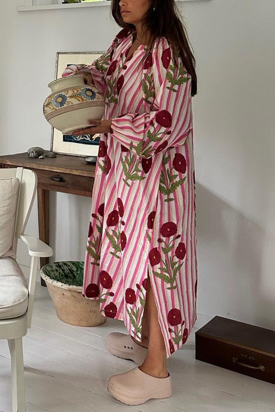 Kaftan-Midikleid aus Leinenmischung mit Blumen- und Streifenmuster, Knopfleiste, Gürtel und Taschen