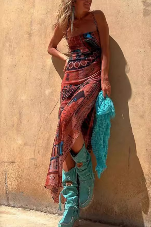 Sexy ärmelloses bedrucktes elastisches Schlitz-Strapsnetzkleid