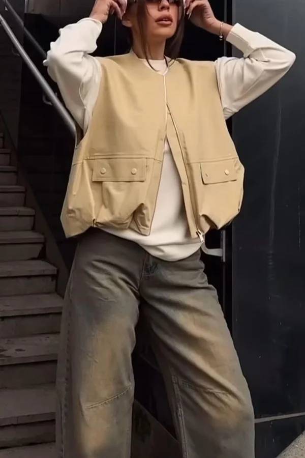 Modische, lockere, ärmellose Weste mit Taschen