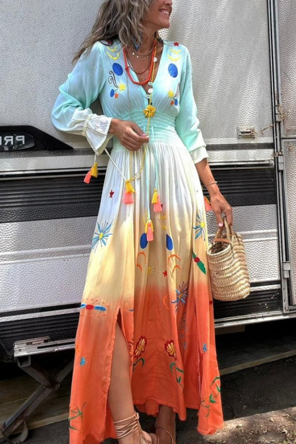 Robe longue à franges et taille élastique à imprimé dégradé Gigi