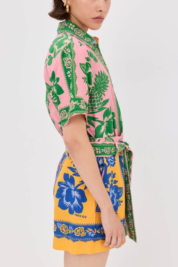 Combinaison en lin mélangé avec ceinture nouée et imprimé foulard en dentelle