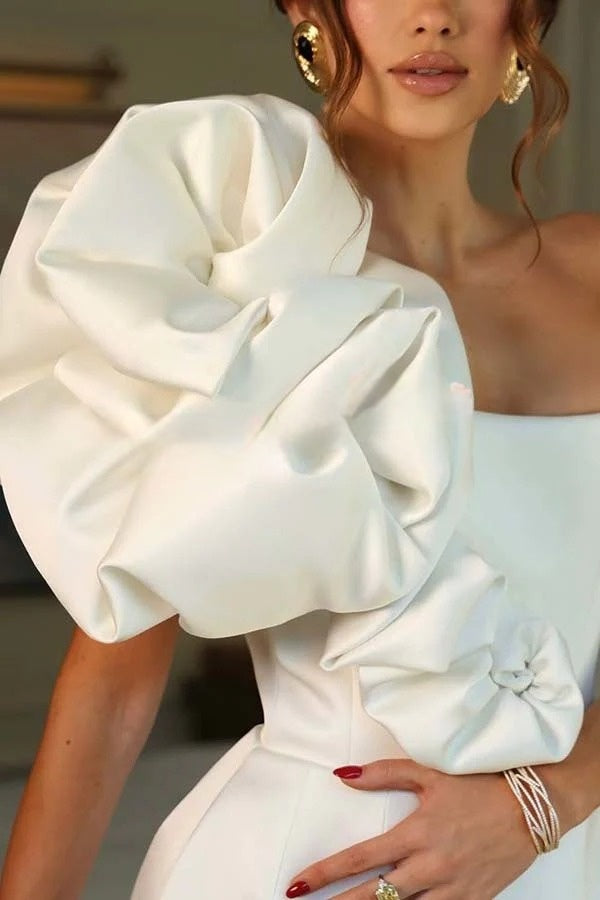 Luxe Style Satin Peony Flower Decor Strapless Party Mini Dress