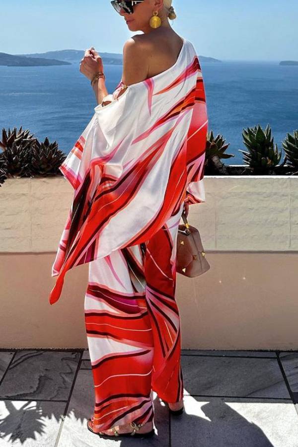 Island Girl Set mit lockerem One-Shoulder-Top aus Satin mit Print und Schlitzärmeln und Hose mit elastischer Taille