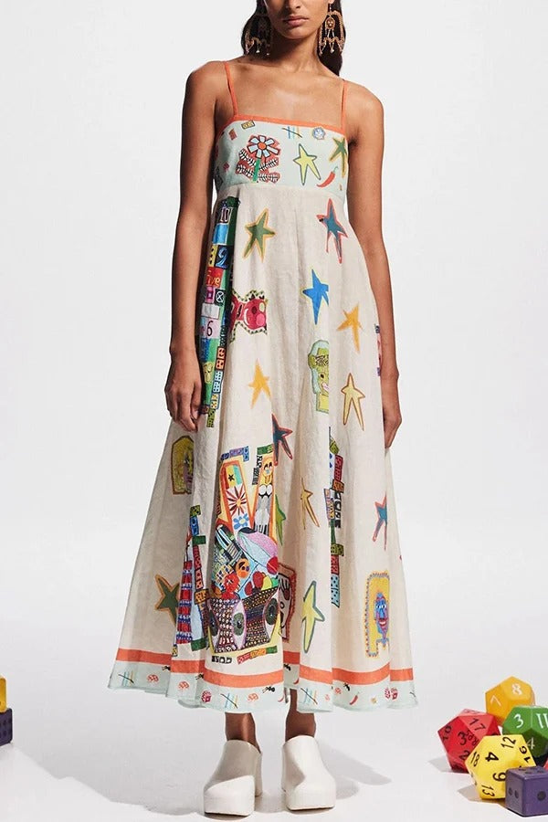 Miami Happy Hour – Midikleid aus Leinenmischung mit einzigartigem Aufdruck, gesmokten Rückentaschen