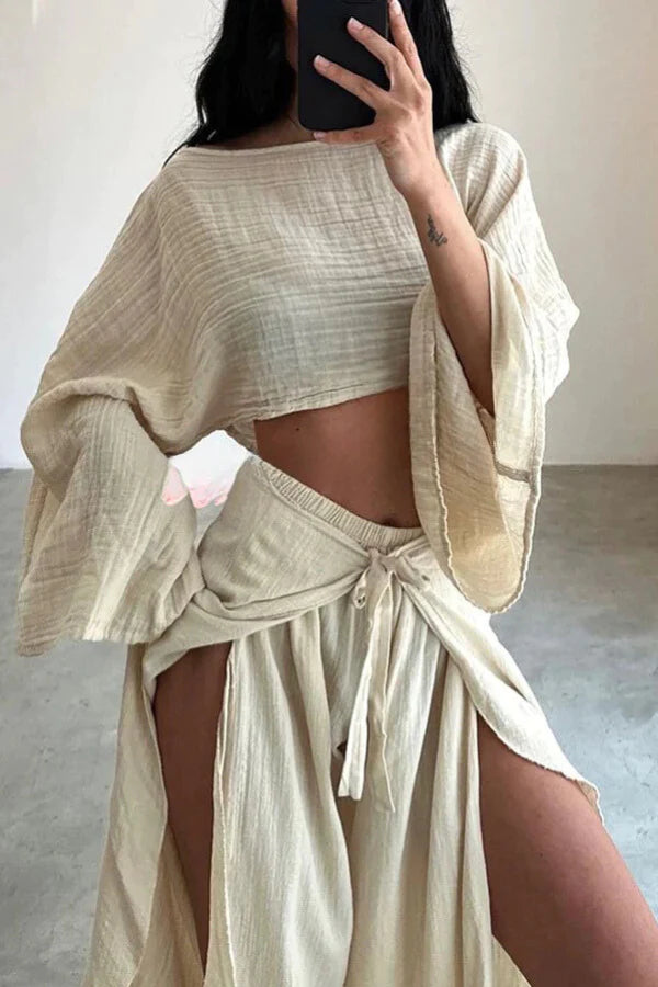 Ideal für den Urlaub: Crop-Top aus Leinenmischung und Rüschenhose mit elastischer Taille und Bindeband