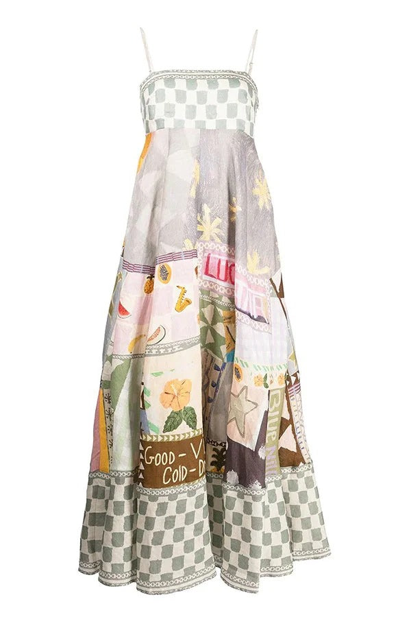Wonderful Weekend – Midikleid aus Leinenmischung mit einzigartigem Aufdruck, gesmokten Rückentaschen