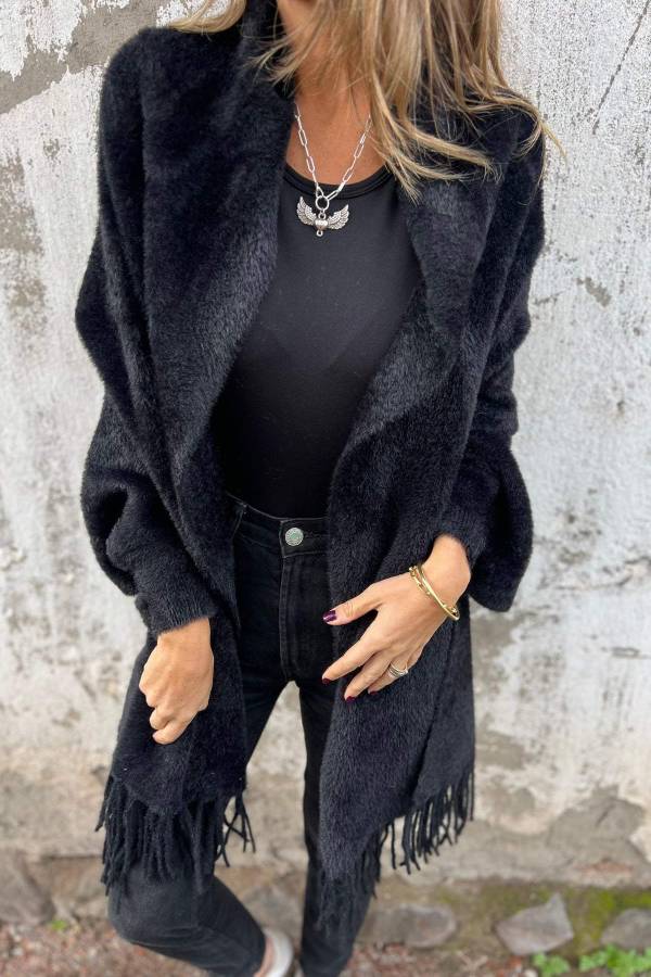 Warm Corner – Lässiger Schalkragen-Cardigan aus Plüsch mit Quastenbesatz