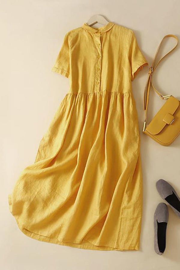 Kurzärmliges Freizeitkleid aus Baumwolle und Leinen in Volltonfarbe