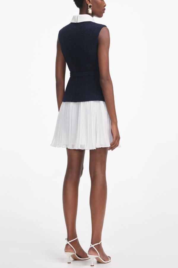 Sporty Elegance Tweed Metal Button Belted Pleated Hem Mini Dress