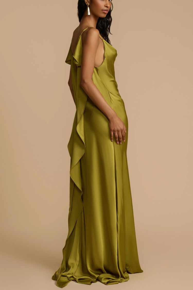 Evening Date Satin Cowl Neck Drape Ruffle Backless Bias Cut Party Maxi Dress