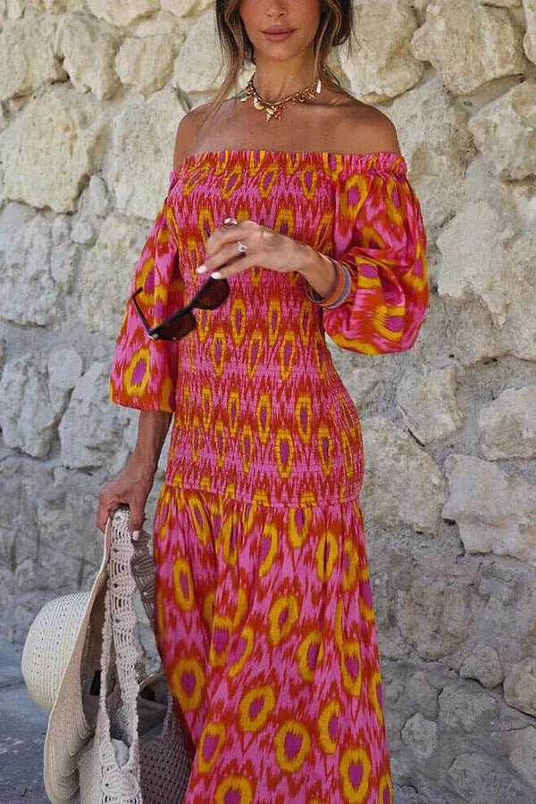 Venita – Einzigartiges, bedrucktes, schulterfreies, gesmoktes Midikleid mit Ballonärmeln