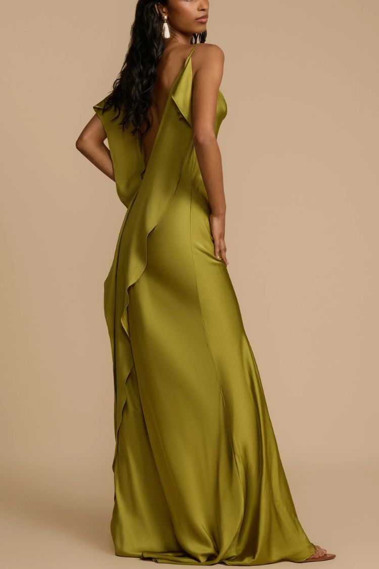 Evening Date Satin Cowl Neck Drape Ruffle Backless Bias Cut Party Maxi Dress