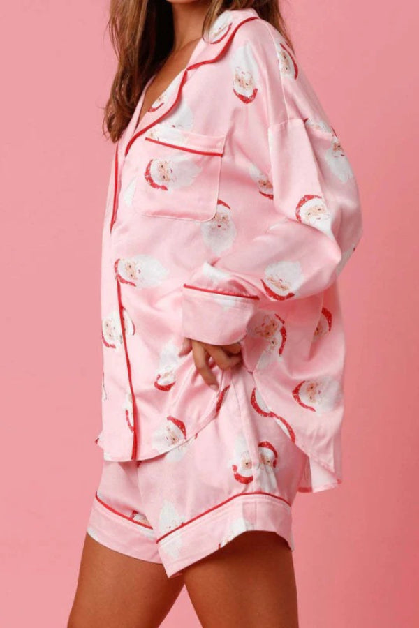 Dear Santa Satin Printed Elastic Waist Pocket Pajama Shorts Set