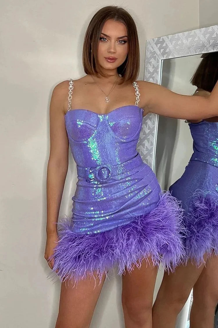 Pailletten Strass Kette Cami Rüschen Bodycon Feder Geburtstag Party Mini Kleider-Rosa
