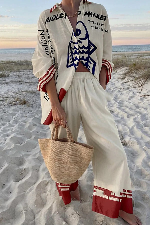 Einzigartiges Set mit Oversize-Hemd mit Ozean-Print und Hose mit elastischer Taille und Taschen