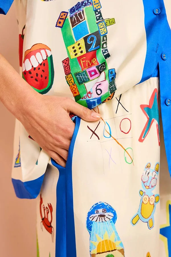 Lebendige Strandsatinhose mit einzigartigem Druck, Farbblockbesatz, elastischer Taille und weiten Beinen