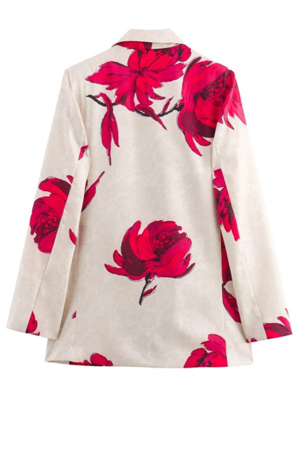 Blazer ample à manches longues et revers en satin à imprimé floral pour présence spéciale