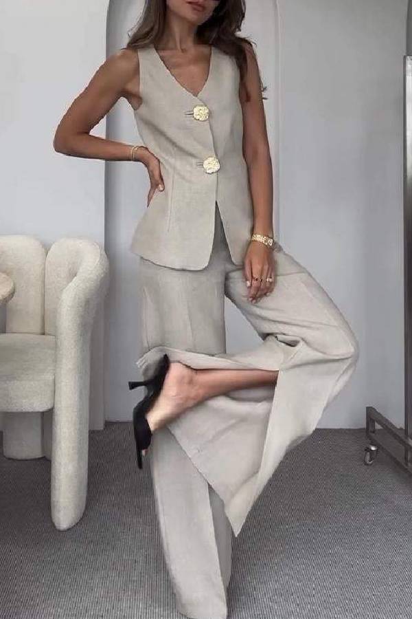 Elegantes, einfarbiges, ärmelloses Weste- und Anzughosen-Zweiteiler-Set