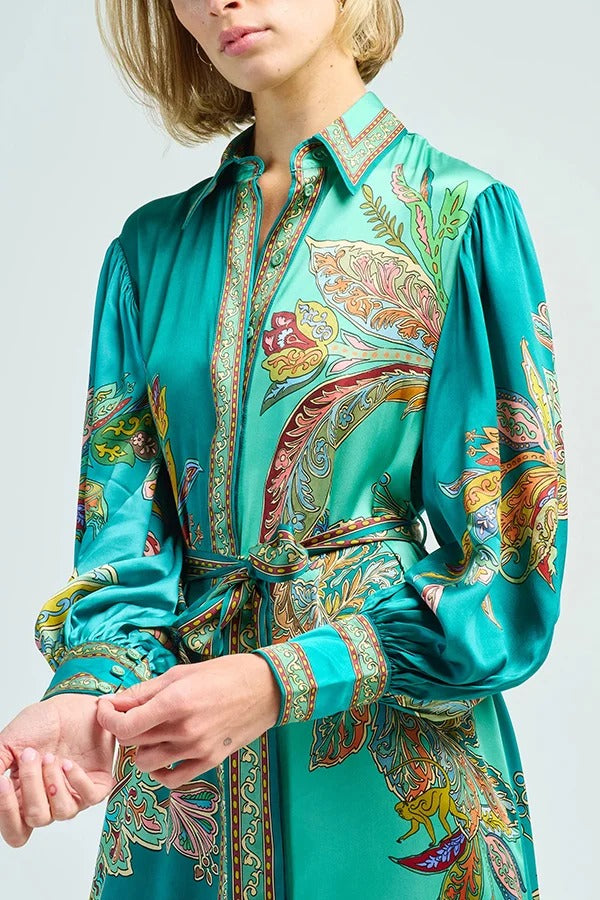 Satin-Midikleid im Resort-Stil mit einzigartigem Aufdruck, Revers und Laternenärmeln