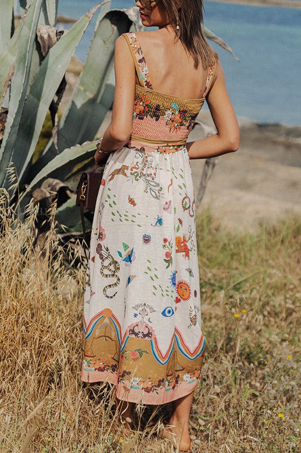 Summer Vibes – Midikleid aus Leinenmischung mit einzigartigem Print und gesmoktem Gürtel