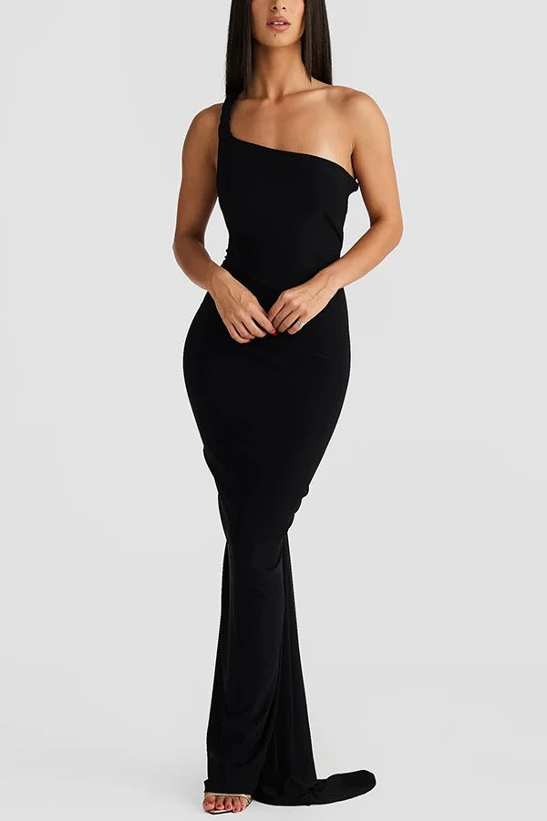 Robe longue sexy à col licou et dos nu froncé, coupe slim