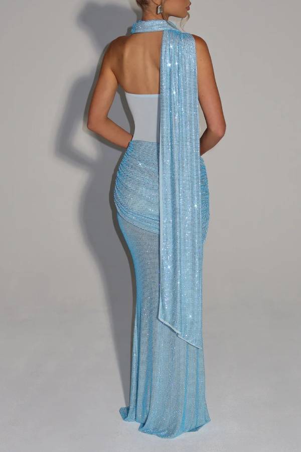 Kailani Sequin Strapless Mesh Cutout Waist Ruched Scarf Maxi Dress