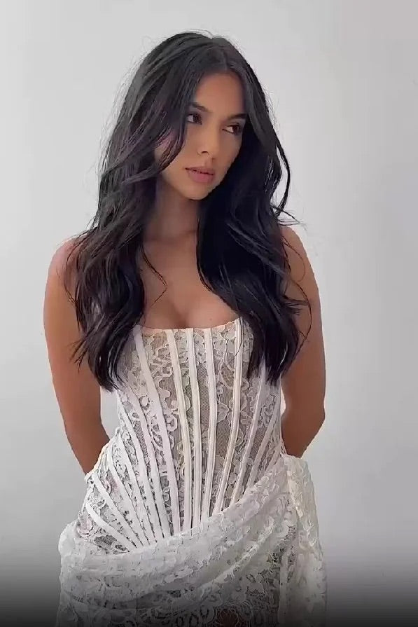 Spitzenkorsett, trägerlos, seitliche Schärpe, Schnürung, weiße Party-Minikleider