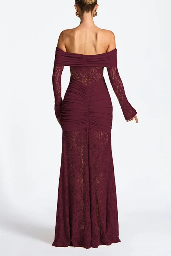 Solid Color Patchwork Lace Off-shoulder Long-sleeved Pleated Slim-fit Maxi Dress