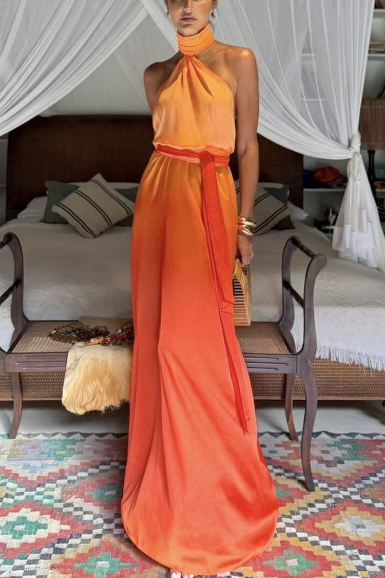 Chase The Sun – Hochgeschlossenes, rückenfreies Maxikleid mit Farbverlaufsdruck und Bindeband