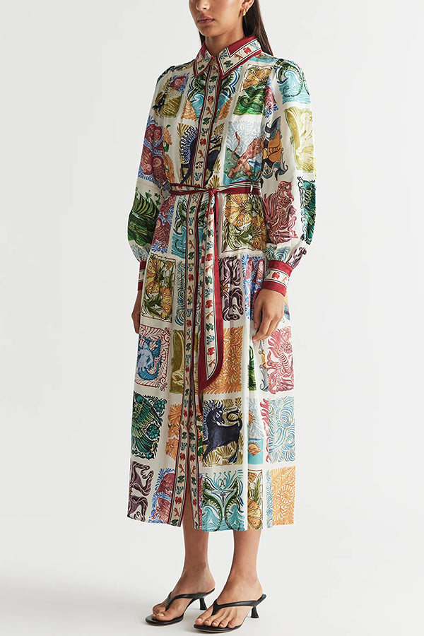 Wond A Land – Midikleid mit einzigartigem Print, Ballonärmeln, Gürtel und Taschen