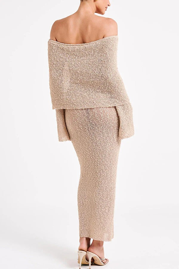 Marisol – Schulterfreies, drapiertes Maxikleid aus geripptem Bouclé-Material mit Stretchanteil für den Urlaub