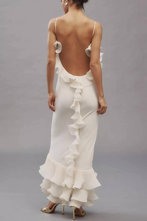 Alisin Pleated Chiffon Wavy Ruffles Trim Slip Maxi Dress