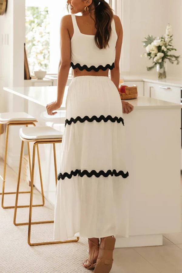 Ärmelloses, kurzes Tanktop mit Napa-Zickzack-Besatz und Maxirock mit Tasche und elastischer Taille mit Kordelzug