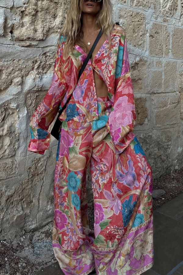 Chemisier décontracté à manches longues et boutons à imprimé floral bohème de Painter's Garden