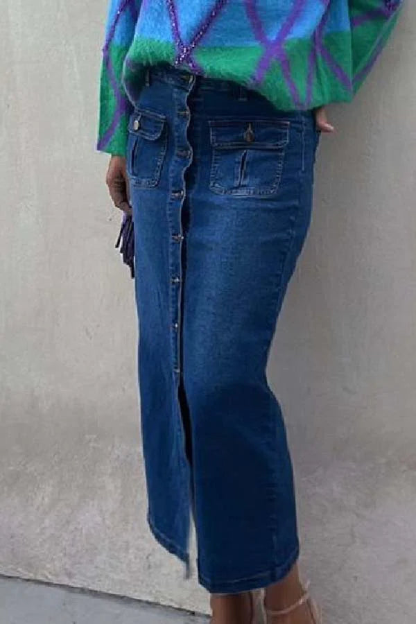 DUNEV JUPE EN JEAN TAILLE HAUTE AVEC POCHE, BOUTON ET CEINTURE FENDUE