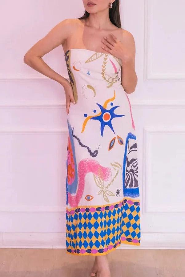 Ramona – Schulterfreies, lockeres Midikleid aus Leinenmischung mit einzigartigem Druck