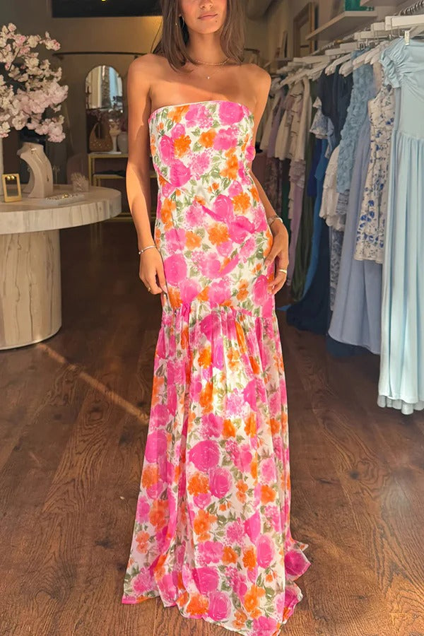 Robe longue fendue ajustée sans bretelles à imprimé floral