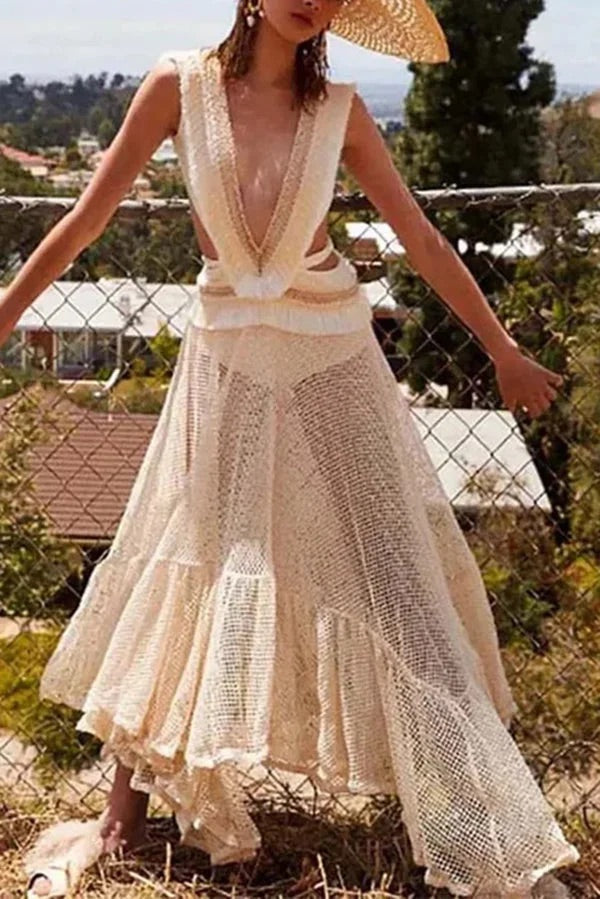 Jupe de plage sexy en maille transparente et dentelle