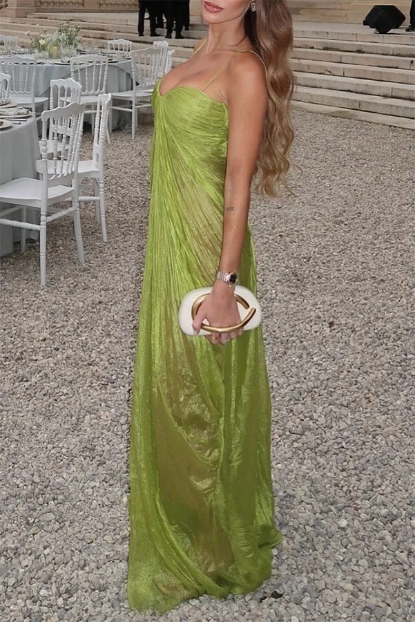 Victoria Shimmering and Flowing Pleated Fabric Back Lace-up Drape Maxi Dress