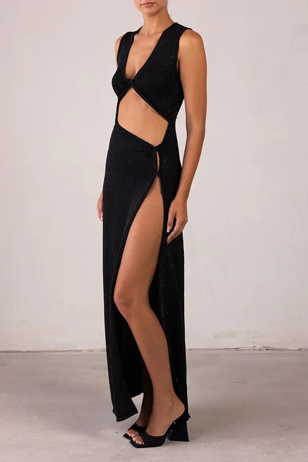 Schöne Figur Glänzender Strickstoff Ausschnitt Seitenschlitz Stretch Urlaub Maxikleid