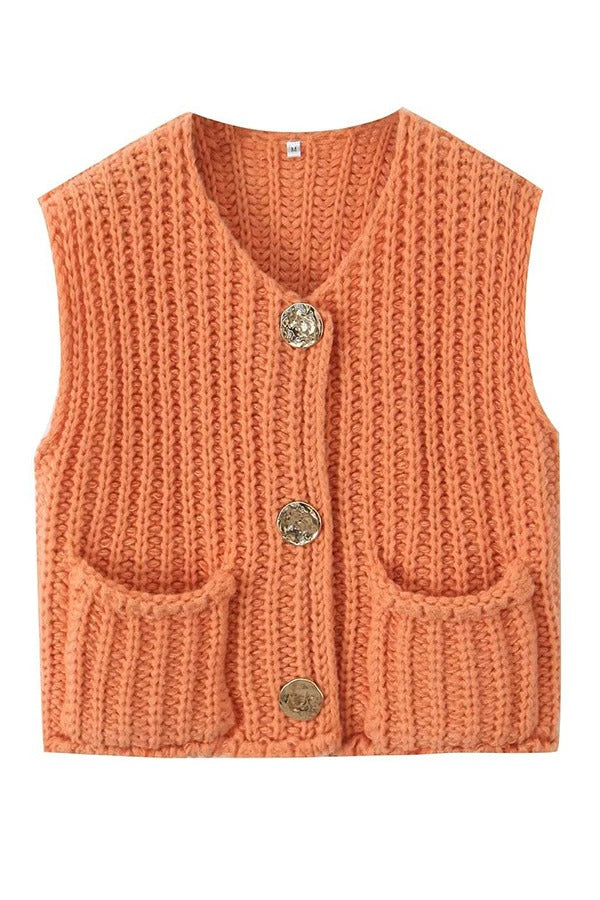 Einfarbige ärmellose Strickweste mit Tasche
