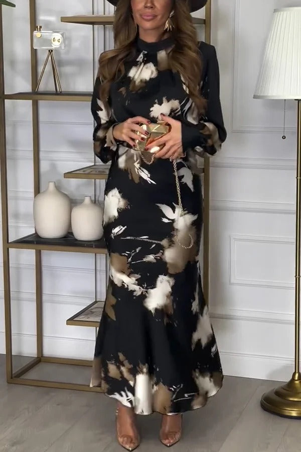 Ensemble chemisier ras du cou à manches ballon et jupe longue taille haute en satin Kona tie dye