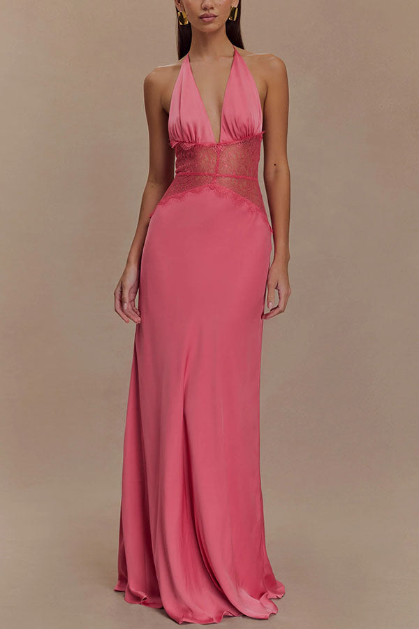 Robe longue romantique sexy en satin et dentelle à taille licou