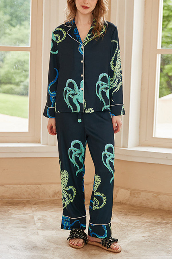 Schwarzes, langärmliges Home-Zweiteiler-Set mit Oktopus-Print