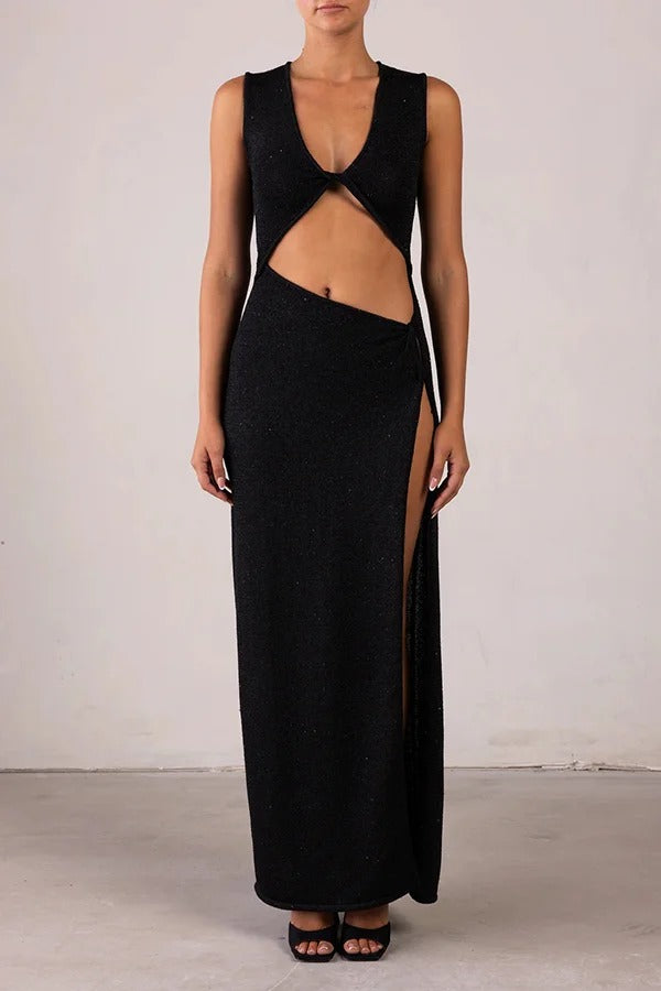 Schöne Figur Glänzender Strickstoff Ausschnitt Seitenschlitz Stretch Urlaub Maxikleid