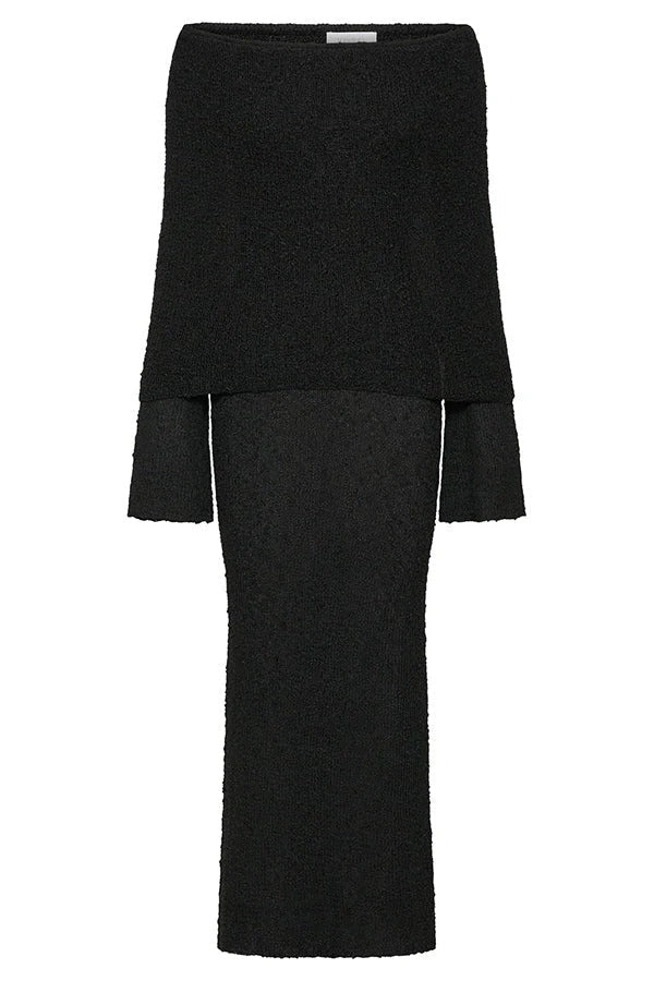 Marisol – Schulterfreies, drapiertes Maxikleid aus geripptem Bouclé-Material mit Stretchanteil für den Urlaub