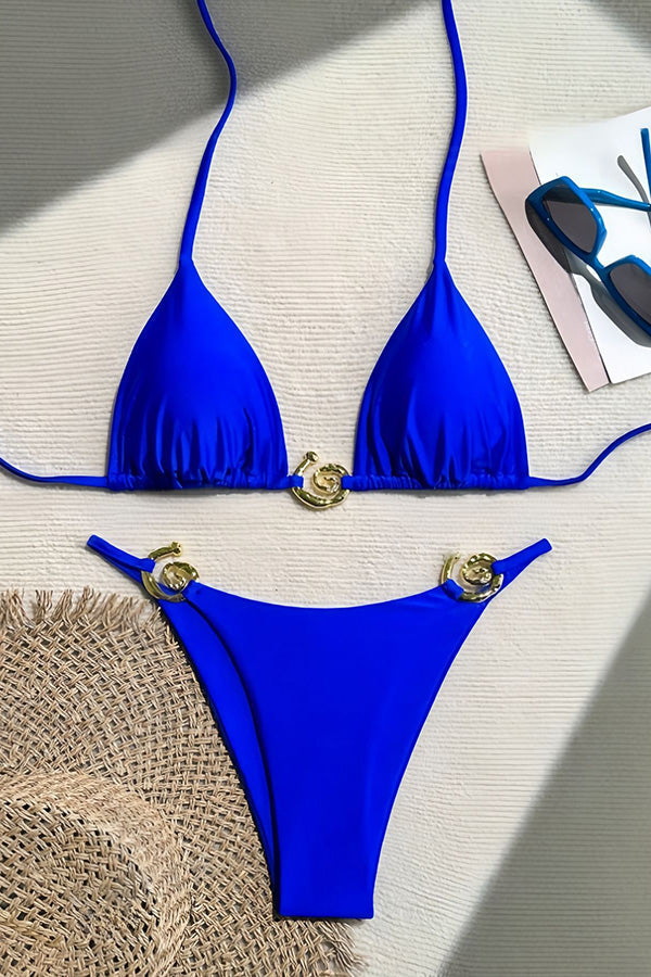 Sexy Neckholder-Bikini-Badeanzug mit Schnürung und Metallic-Stretch